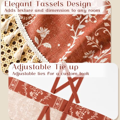 Image of Yinhua Boho Tie Up Curtains for Windows Vintage Linen Valance Light Filtering Floral Valance Rod Pocket Rustic Adjustable Tassel Window Valances for Bathroom, 42 inch W X 45 inch L, Terracotta