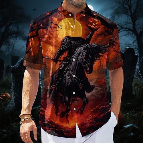 Skull Button Down Shirts for Men Novelty Headless Horseman Print Stand Collar Shirt Mens Personality Daily Streetwear4