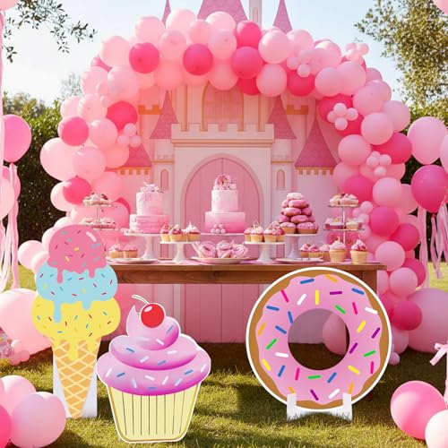 Image of 3 Pcs Sweet One Birthday Party Decorations Set, Donut Ice Cream Cupcake Standee with Sturdy Bases for Candy Birthday Baby Shower Photo Booth Props Indoor Outdoor