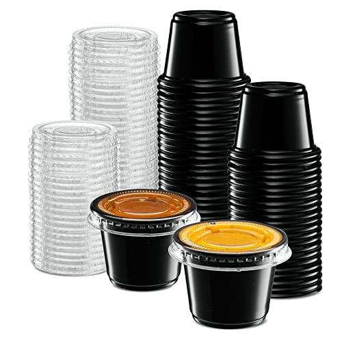 Image of {1 oz - 100 Sets} Black Diposable Plastic Portion Cups With Lids, Small Mini Containers For Portion Controll, Jello Shots, Meal Prep, Sauce Cups, Slime, Condiments, Medicine, Dressings, Crafts, Disposable Souffle Cups & Much more