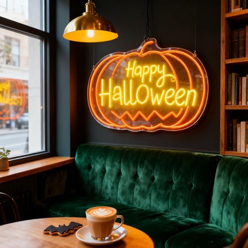 Image of Custom Halloween Lights Up Sign, Personalized Pumpkin Halloween Neon Signs for Wall, Window, Room, Home, Party, Battery Operated or USB. RGB for Indoor, Commercial