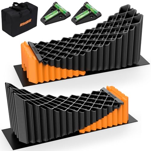 Image of Kohree RV Leveling Blocks, Levels Up to 5 inch, Supports Up to 50,000 lbs | 2 Curved Camper Levelers, 2 Wheel Chocks, 2 Rubber Mats, 1 Carry Bag, for Travel Trailers & Fifth Wheels, Orange
