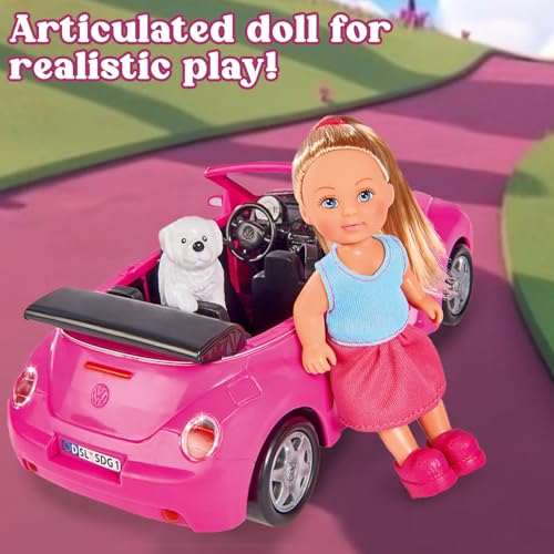Image of Evi Love Evi's Beetle| Realistic Evi Doll with Her Beetle Car| Evi with Her Pet| Vibrant Pink Car with Hiking Backpack| Ideal Playset for Girls of 3+
