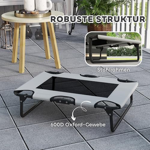 PawHut Hundeliege Outdoor, Erhöhtes Hundebett für kleine und mittelgroße Hunde, klappbar Haustierliege mit Mesh Stahlrahmen Füßen, Haustierbett für Draußen Camping, 75x51x18 cm, Hellgrau