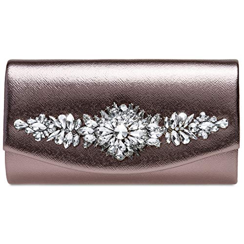 Caspar TA509 Damen Metallic Clutch Tasche mit ausgefallenem Strass Dekor, Farbe:taupe, Größe:Einheitsgröße