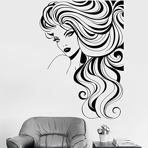 Adhesivo de pared en blanco y negro, diseño de cabeza femenina con pelo fluido, apto para salón de belleza, peluquería, vinilo de alta calidad, 44 x 52 cm