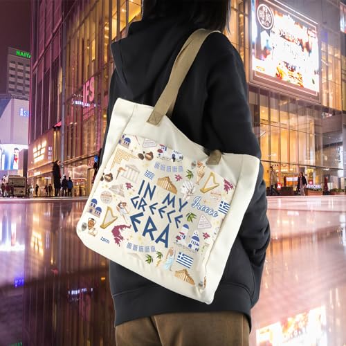Image of WCGXKO Greece Era Tote Bag, Flag Design, Tourist Gift, Large, Beige