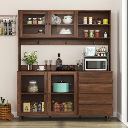 Image of Farmhouse Kitchen Pantry Cabinet, 74.8 inch Tall Freestanding Cupboard with Multi-Tier Storage Rack and Microwave Stand for Kitchen, Dining Room, Walnut