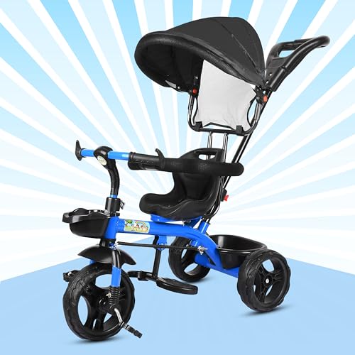 Image of BABY SMILE 4-in-1 Kids Tricycle with Adjustable Canopy, Parent Push Handle, Red and White (Blue Black)