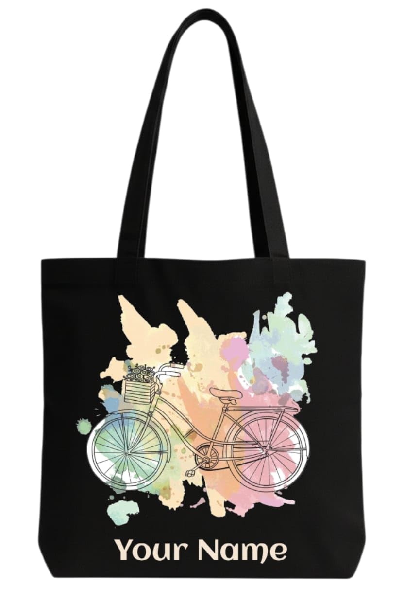 Personalized Name Black Tote Bag | Custom Bicycle Watercolor Design Shoulder Bag | Reusable Eco-Friendly Shopping & Travel Bag | for Women