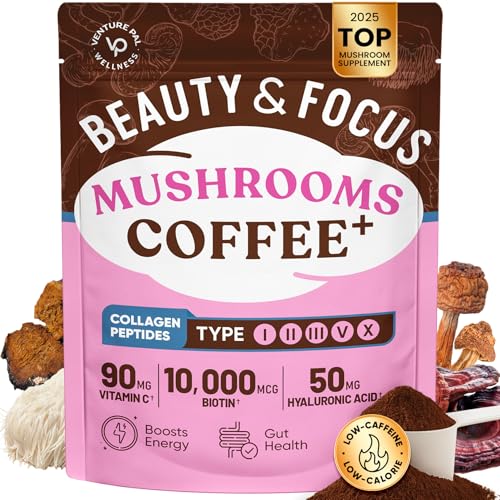 Image of Venture Pal Mushroom Coffee for Focus, Skin, Hair, Nails, Joints &Digestion | Adaptogenic Mushroom with Multi Collagen Peptide, Lions Mane, Reishi, Chaga, Biotin, Vitamin C - Low Caffeine & Calories
