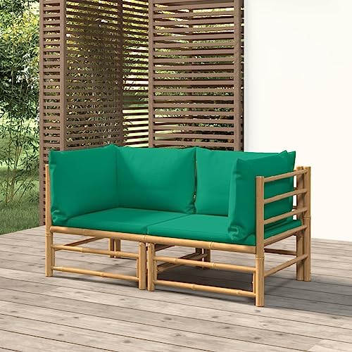 Balcon Lounge Salon de jardin Patio Furniture Canapé d'angle de jardin avec coussins verts 2 pièces. Bambou
