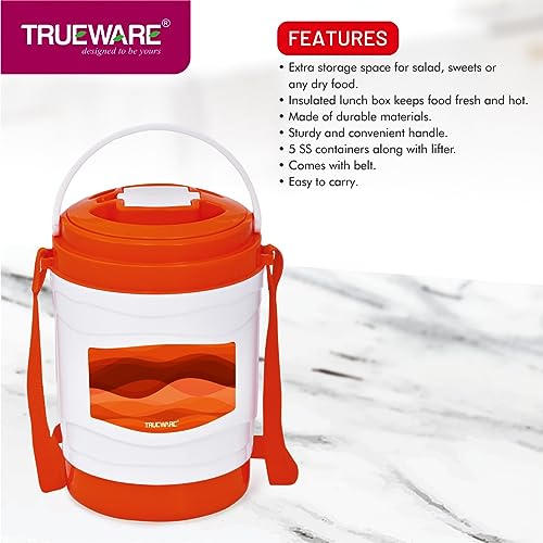 Image of Trueware Marina 5 Lunch Box with 5 Steel Container, 300 ml X 5 Orange | PU Insulated | Tiffin | Hot Lunch Box | Leak Proof | Easy to Carry | Food Grade | BPA Free | Office | Outdoors | for Men Women