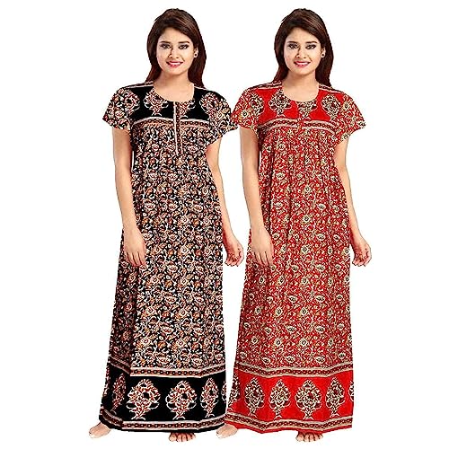 Image of YUKATA Nighty for Women Cotton Printed Maxi Gown Ankle Length Nighty Night Dress Gown for Women Maxi - Free Size (Pack of 2)