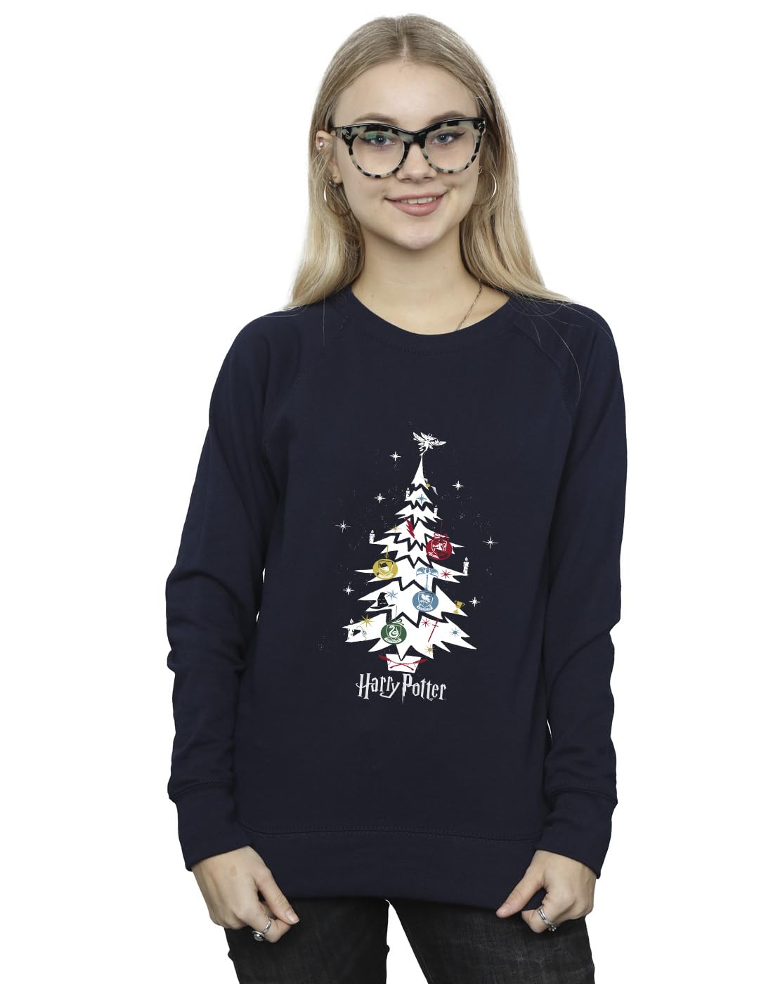 Harry Potter Christmas Tree Sweatshirt Navy Crew Neck Long-Sleeved XXL - 50% Cotton, 50% Polyester - Officially Licensed