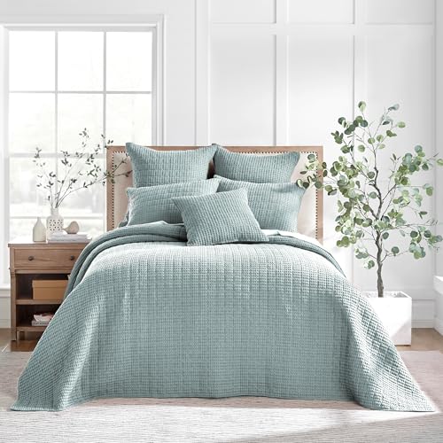 Image of Levtex Home Mills Waffle Full Bedspread Set (100x104in) with 2 Pillow Shams (26x20in) - Spa - Cotton Waffle Full Size Bedspread Set - Lightweight, Soft, Pre-Washed