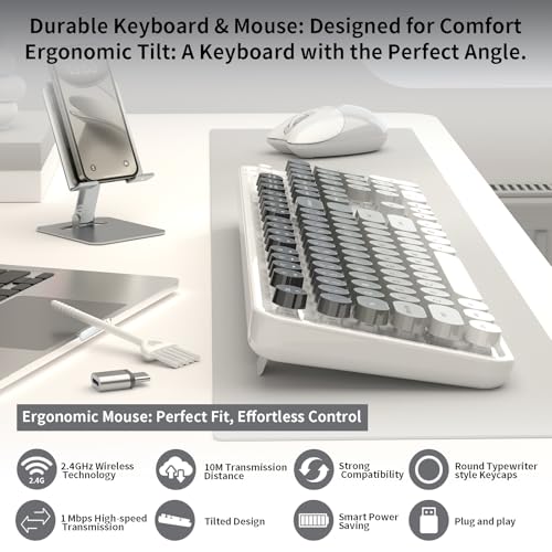 Image of Creamy Wireless Keyboard and Mouse, MOFII 104 Round Keycaps Retro Typewriter with OTG & Brush, Full-Size Ergonomic, Ideal for Windows PC, Home, Office and College Gray White