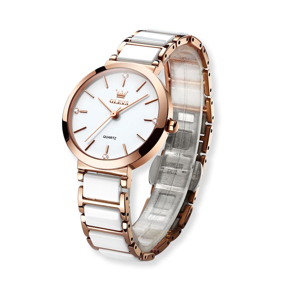 Raitown orologio donna in acciaio inossidabile e ceramica, regalo per donna | Orologio quarzo analogico, oro rosa, impermeabile uso quotidiano, design minimalista per polsi sottili, nero e bianco