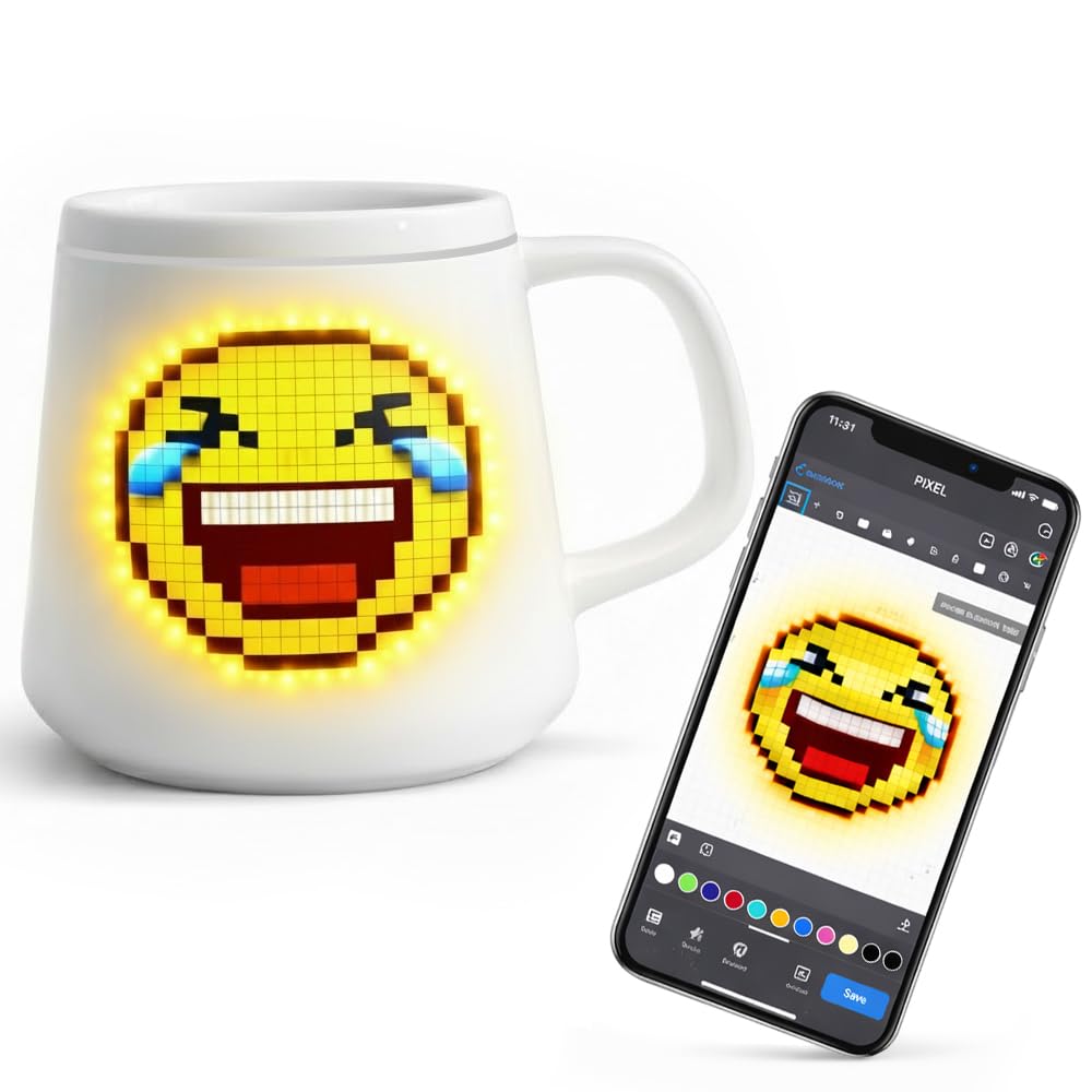 PixelMug P1 Coffee Smart Mug with Custom Pixel Display App Control Temperature Weather Wireless Charging 6oz Personalized Gift