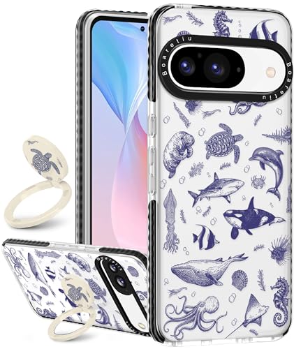 Boaretiu Cute Kawaii Case for Google Pixel 9/9Pro Phone Case with Kickstand - Fashion 360° Sticky Rotate Ring Holder Design for Women Girls Girly for Google Pixel 9/9Pro Case, Sea Fish