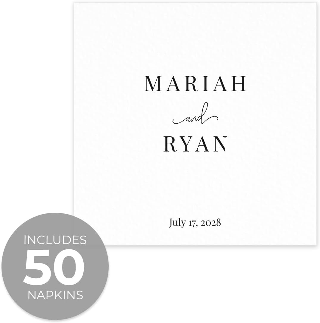 Personalized Black And White Names Beverage Napkins / 50 Custom Modern Wedding Napkins / 4 3/4" x 4 3/4" Anniversary Cocktail 3 Ply Napkin/Couple Engagement Party Bar Supplies/Made In The USA