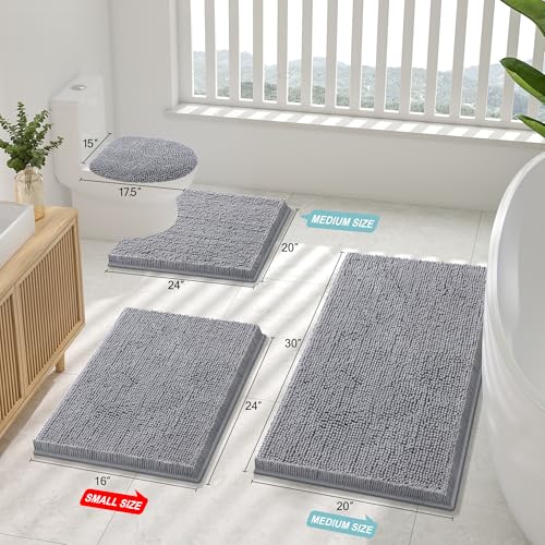 Smiry Luxury Chenille Toilet Rugs U-Shaped 24x20, Soft Absorbent Non-Slip Contour Bathroom Rugs for Toilet, Machine Washable Contoured Bath Mats, Grey