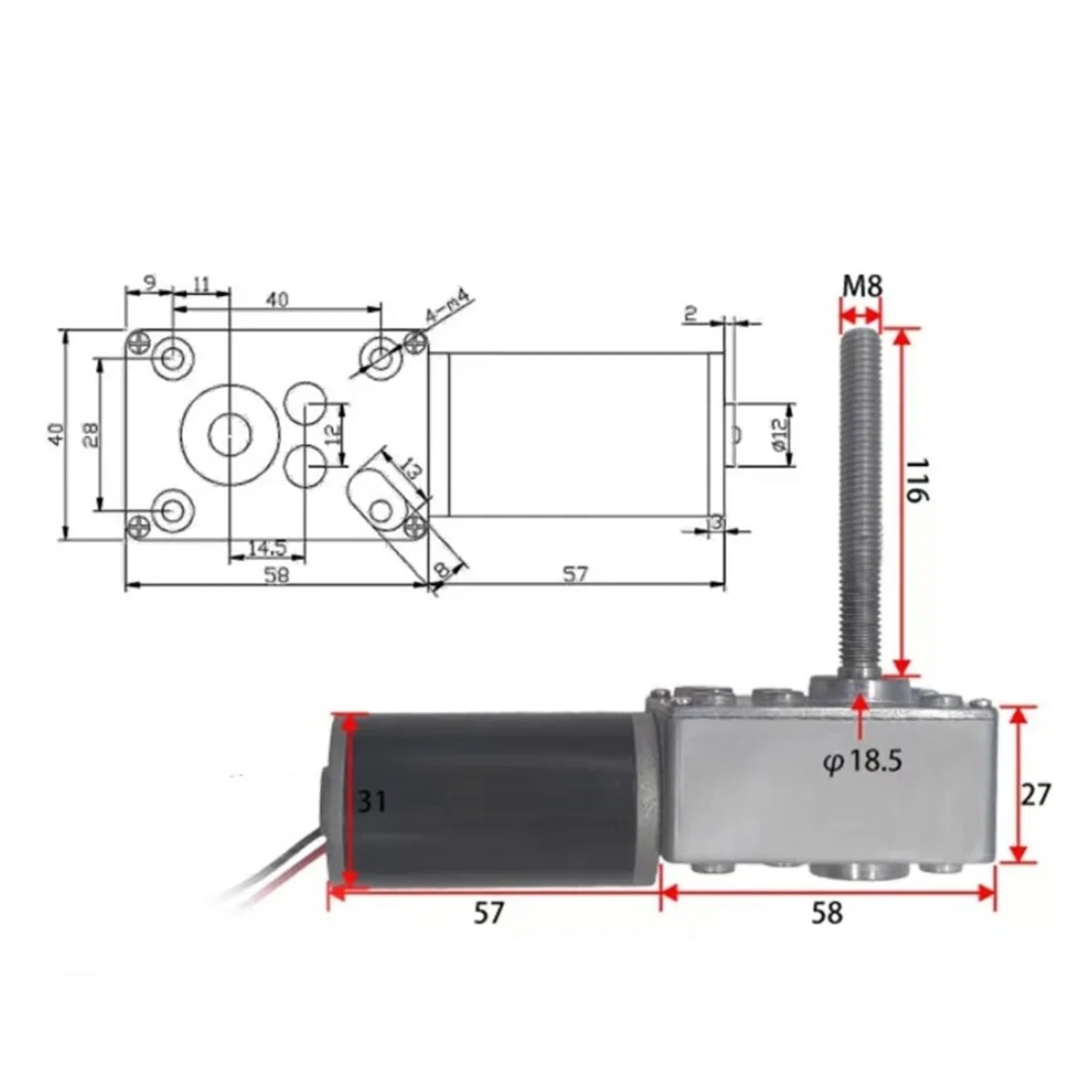 Schneckengetriebe-Untersetzungsmotor, Schraubenmotor, M8-Schraubenwelle, 12 V, 24 V, selbsthemmender Motor, 12–470 U/min, max. 70 kg. cm(80rpm,60V)