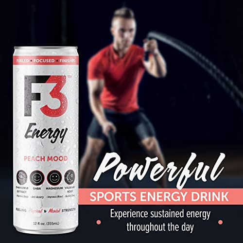 F3 Energy - Peach Mood Energy Drink, Natural Energy Drinks For Strength, Mental Focus, And Muscle Recovery, Mood & Recovery Aid Sports Drinks W/Gaba, Bcaa, Magnesium, & Chamomile, 355 Ml (12 Pack) #TOP6