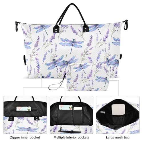 Dragonfly Lavender Blossom Large Travel Duffle Bag Weekender Overnight Bags Gym Yoga Bag for Women Men with Toiletry Bag2