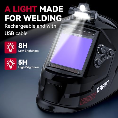 Image of ARCCAPTAIN Large View 3.94 inch x 3.66 inch True Color Auto Darkening Welding Helmet with Light, Solar Powered Welding Hood, 4 Arc Sensor Wide Shade 4 /5-9 /9-13 for Stick MIG TIG Cut,Glossy Black