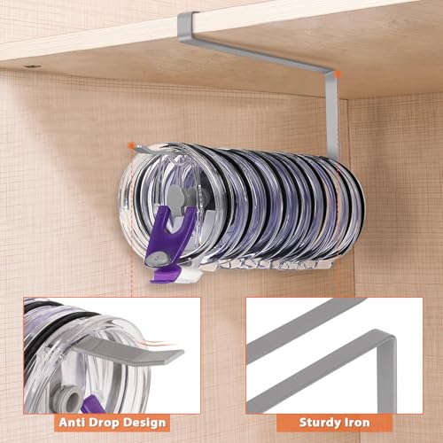 Tumbler Lid Organizer, Horizontal Tumbler Lid Storage Hook Up to 10 Lids, Space Saving Cup Lid Holders Under Cabinet Tumbler Lid Hook for Kitchen Organizer and Storage, Paper Towel Rack Hanger (Gray) - Image 4