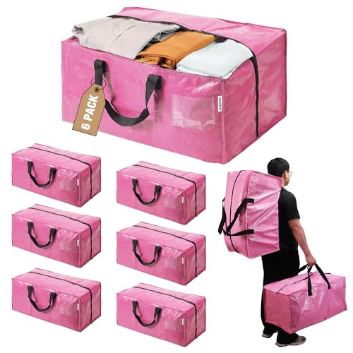 WORKPRO 6 Pack Extra Large Moving Bags with Zippers & Carrying Handles Backpack Straps, Heavy-Duty Storage Tote for Space Saving Moving Storage (Pink)