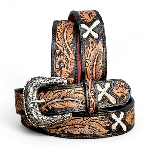DANIEL'S ARTPLANET Western Belt for Men Full Grain Leather Handmade Tooled Cowboy Belt with Removable Buckle 1.5”
