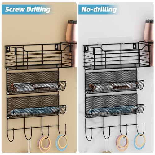 VITVITI-Metal-Hair-Tool-Organizer-Wall-Mount-Hair-Dryer-Holder-with-3-Tier-Shelf-Basket-Hooks-Bathroom-Hair-Styling-Tool-Organizer-for-Curling-IronBlow-DryerStraightener-Matte-Black