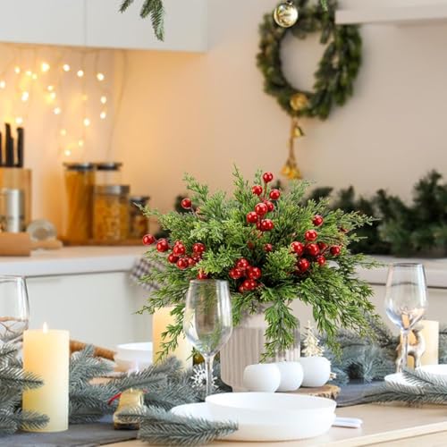 Image of HASTHIP 35Pcs Christmas Pine Branches 10.5in, 10Pcs Red Berry Stems 7in