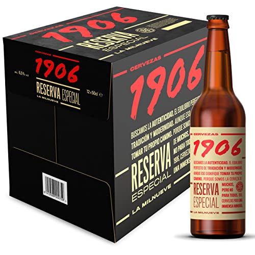 Cervezas 1906 Reserva Especial - Pack de 12 botellas de 50 cl - Bebida alcohólica 6,5% de volumen en alcohol - Cerveza en botella para una Inmensa Minoría, La Milnueve - Maltas tostadas Cover