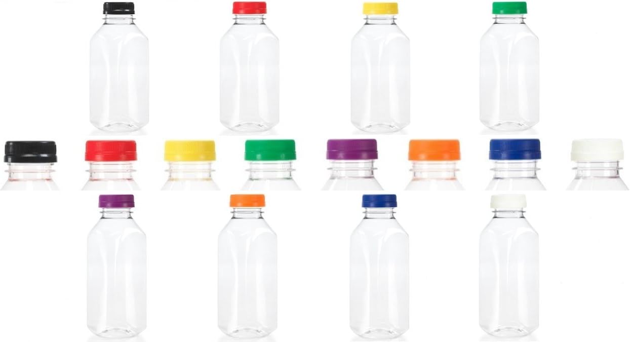 (8) 16 oz. Clear Food Grade Plastic Juice Bottles with Tamper Evident Caps 8/pack (Multi Colored Lids)