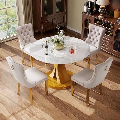 Image of 5-Piece Dining Table Set with 39In Faux Marble Table and 4 Velvet Upholstered Chairs, Modern Scandinavian Furniture for Dining Room Kitchen(Beige&Gold)