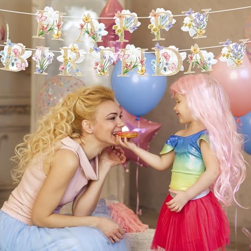Image of Hooqict Happy Birthday Banner Flower Butterfly Birthday Party Decorations Boho Floral Banner Garland Sign for Girls Women 1st 16th 21st 30th 50th 60th Spring Wildflower Garden Party Decorations
