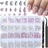 HNUIX Nail Rhinestones for nails - 3D Multi Shapes, Flat Back, Small Nail Gems, Crystal & Light Pink Nail Diamonds, with Kit, for Nail Art, DIY Decor