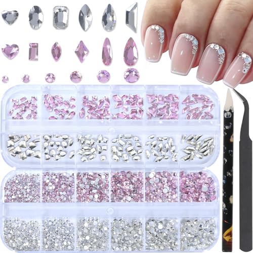 HNUIX Nail Rhinestones for nails - 3D Multi Shapes, Flat Back, Small Nail Gems, Crystal & Light Pink Nail Diamonds, with Kit, for Nail Art, DIY Decor