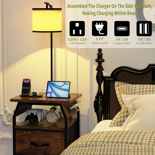 Image of runjuly Floor Lamp with Table, End Table with Light and Charging, Rustic