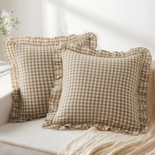 KKJIAF 2 Pcs Ruffle Gingham Pillow Covers 20 x 20 Taupe/White Plaid