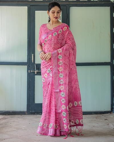 Image of Kaugalian store Linen Cotton Floral Printed Saree for Women with Unstitched Blouse Piece | 5.5 M Saree & 0.8 M Blouse