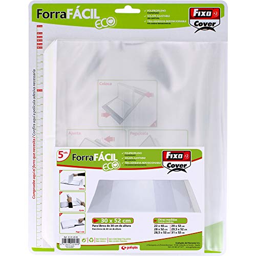 Fixo Cover- Blister de 5 Forra Fáciles Eco para Libros, 300 x 520 mm, Dispone de Solapa Ajustable y Reposicionable, Polipropileno 70 Micras, Reciclable, Protege tus Libros Escolares Todo el Año