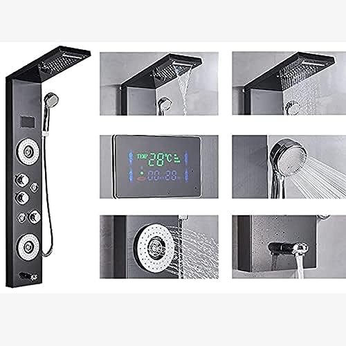 Juego de columna de ducha con panel LED, 5 funciones, con pantalla de temperatura de agua, cabezal de ducha efecto lluvia, ducha de mano y boquilla de masaje corporal miniatura 5