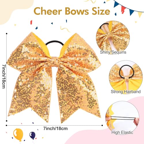 CN 7" Glitter Cheer Hair Bows for Cheerleader Gold Large Ponytail Holder Elastic Band Handmade for Cheerleading Teen Women Girls College Sports 1pcs