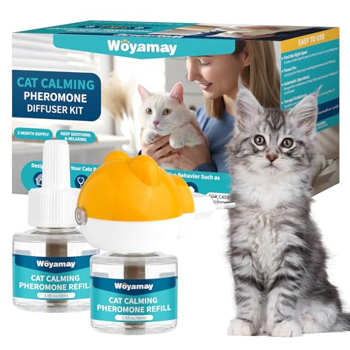 Woyamay Diffusore Feromoni per Gatti con 1 Diffusore + 2 Ricariche 48 ml, Calmante eTranquillante per Gatti, Antistress Gatto Fino a 60 Giorni