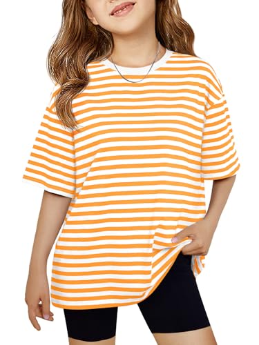 Image of Haloumoning Girls Striped Short Sleeve T Shirts Kids Summer Oversized Tops Casual Crewneck Tees 5-14 Years