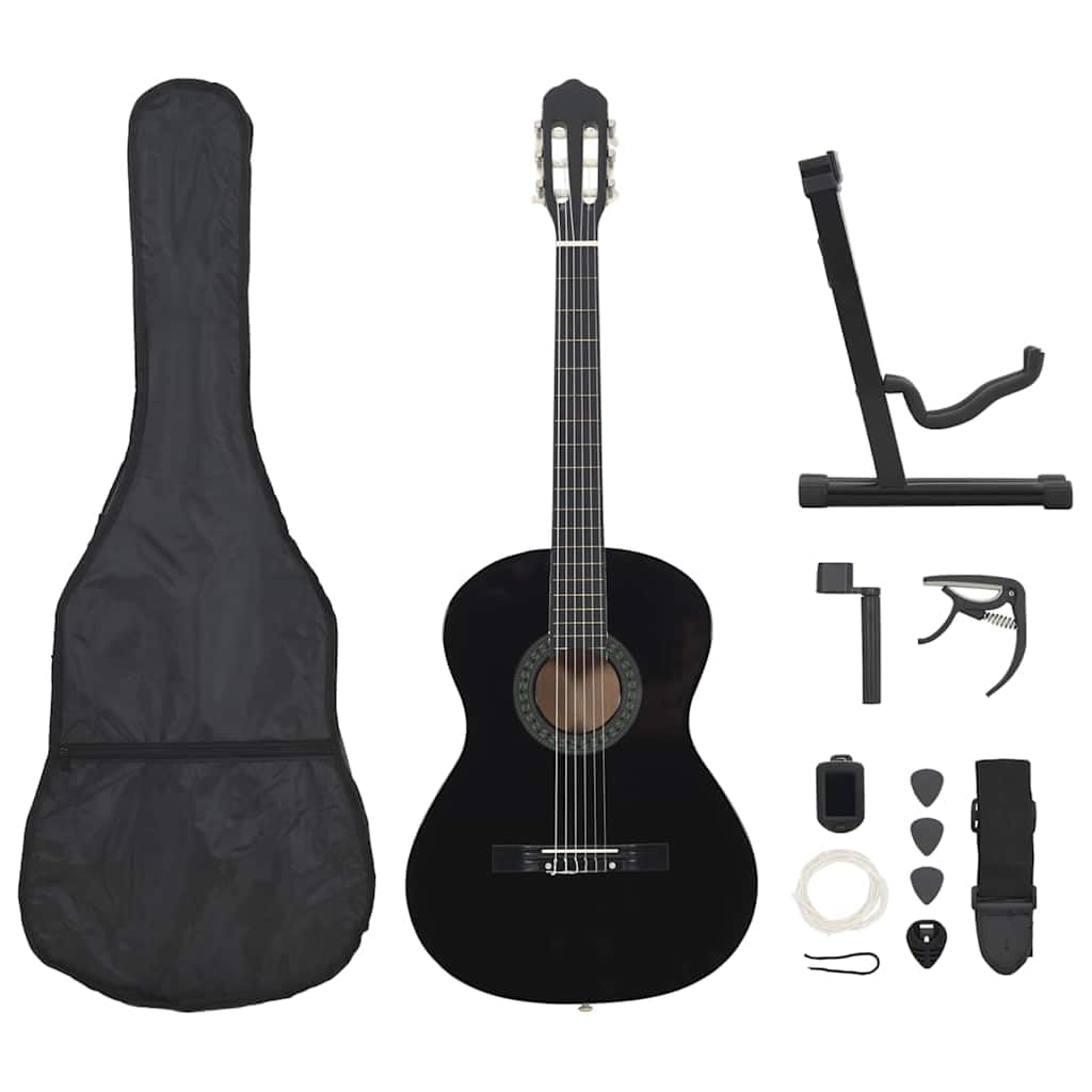 12-teiliges Klassikgitarren Set für Anfänger 4/4 39 Zoll schwarz Lindenholz Konzertgitarre mit Tasche Gurt Plektrum Kapodaster Stimmgerät Saitenständer zum Üben